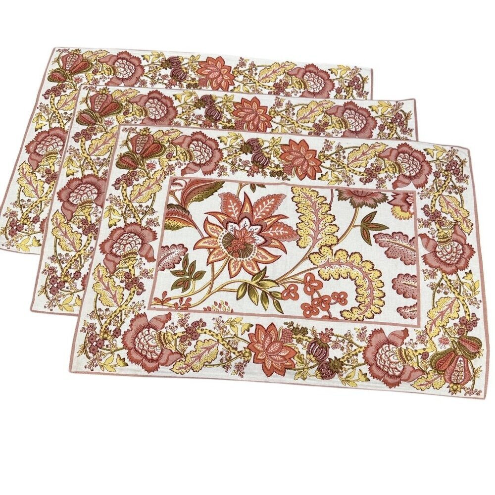 Autumn Floral Placemats Set of 3 Cloth Fabric Rust Cream